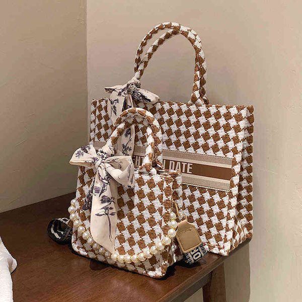 

woolen shopping bag large capacity handbag portable single shoulder lattice women's