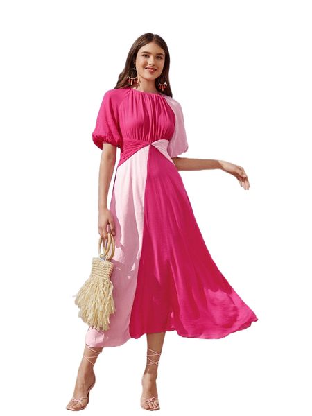 

two tone puff sleeve dress b8pf#, Black;gray