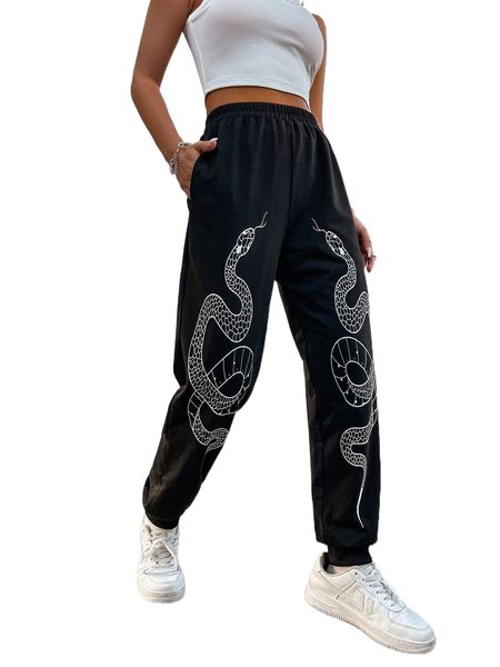 

snake print slant pocket sweatpants a9c2#, Black;white