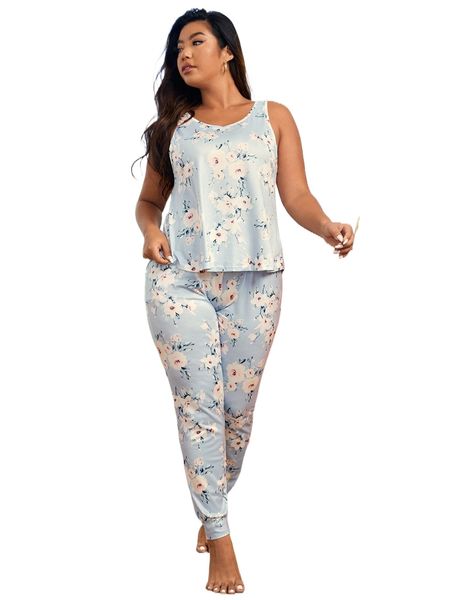 

plus floral print tank & pants pj set v1yq#, Black;white