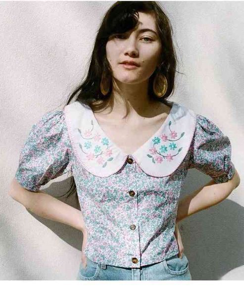 

women's blouses shirts uruguay spring and summer embroidery doll collar broken flower lantern sleeve shirt women, White