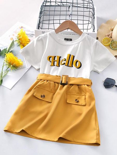 

girls letter graphic tee & belted skirt she, White