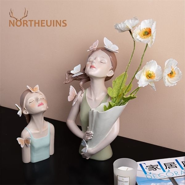 NORTHEUINS Farfalla Ragazza Scultura in Resina Personaggio Modello Vaso Modern Storage Statue Home Living Room Desktop Decor Accessori 220510