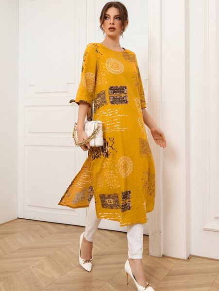 

graphic print tunic dress e6ji#, Black;gray