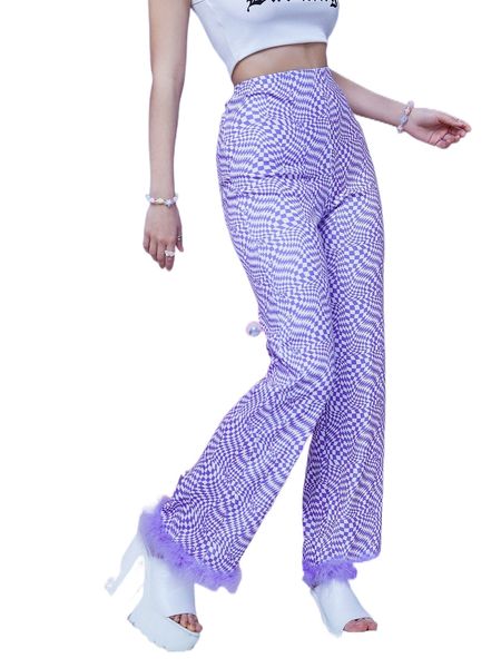 

allover print contrast fuzzy pants f1ys#, Black;white