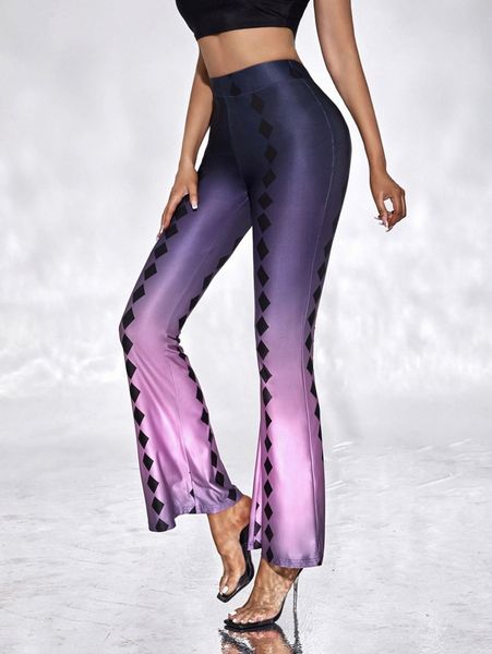 

argyle print ombre flare leg pants f69v#, Black;white