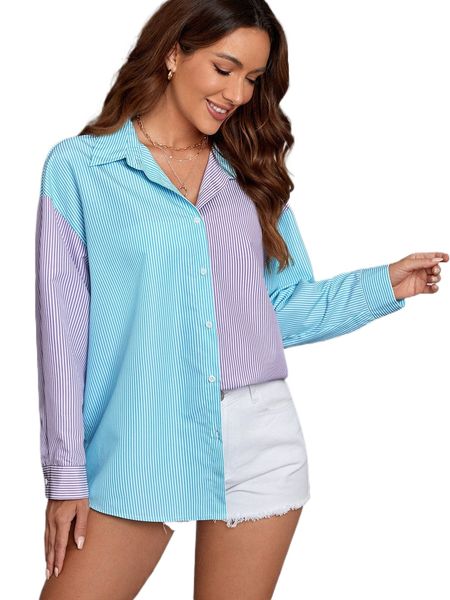 

colorblock striped drop shoulder blouse 17c2#, White