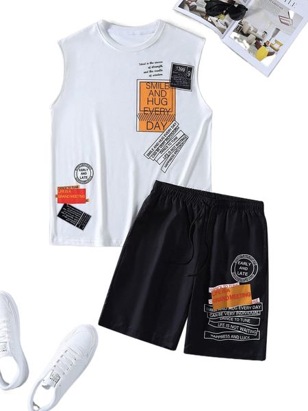 

men slogan graphic tank & drawstring waist shorts d15s#, Gray