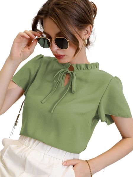 

tie neck puff sleeve blouse i3tw#, White