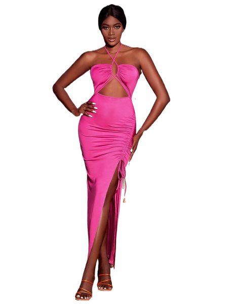 

x anitta solid cut out drawstring side dress r6xy#, Black;gray