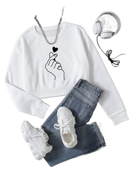 

hand & heart print drop shoulder crop sweatshirt t2c4#, Black