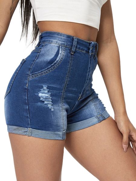 

rolled hem ripped detail denim shorts 55g1#, White;black