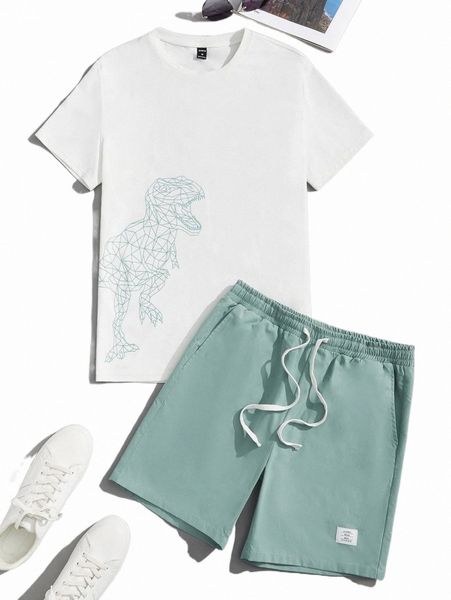 

men dinosaur print tee & patch detail drawstring waist shorts l9j4#, Gray