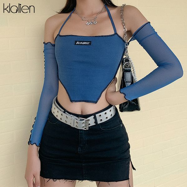 

fashion casual patchwork letter halter female t shirt summer mesh sleeve off shoulder office lady slim wild t shirt, White