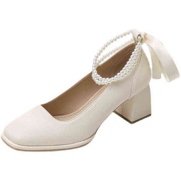 

dress shoes luxury pearl line buckle high heels women aquare toe shallow mouth chunky heeled sandals mary jane bow princess shoes 220317, Black