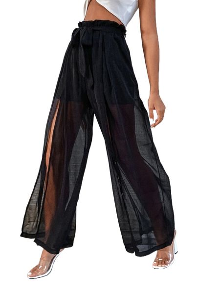 

solid paper bag waist split thigh pants n0rr#, Black;white