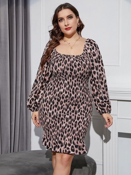 

plus leopard print lantern sleeve shirred ruffle hem bodycon dress a22f#, Black