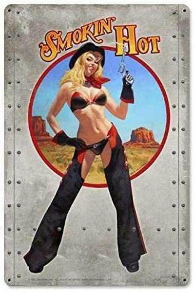 

vintage style metal tin sign 8x12inch smokin' pin up cowgirl metal tin sign nostalgic metal sign home decor for club bar cafe