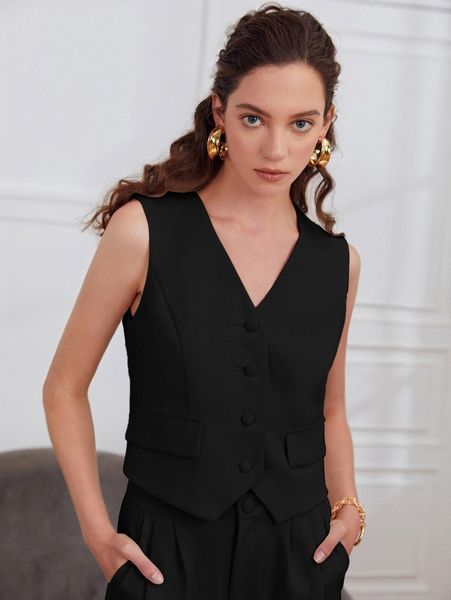 

solid button front blazer vest b2d1#, White