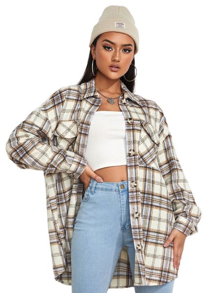 

tartan print flap pocket drop shoulder coat a2n7#, Black