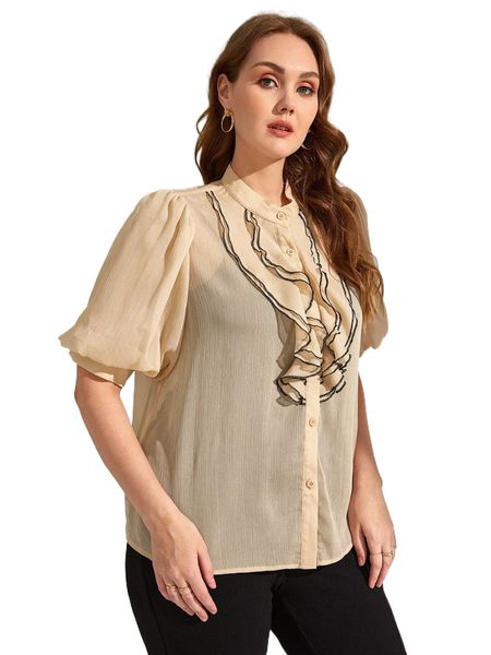 

plus stitching ruffle trim puff sleeve blouse i6vo#, Black