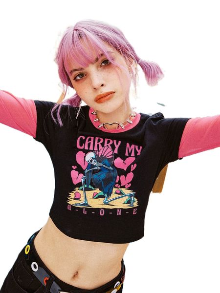 

romwe x nomouthh street life skeleton print contrast sleeve tee h3xl#, White