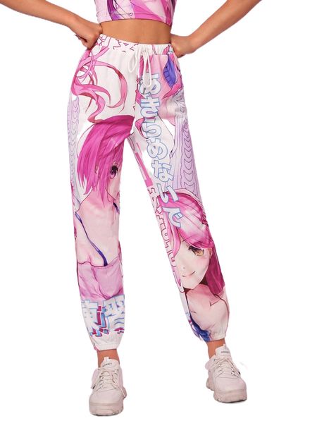 

cartoon & japanese letter graphic sweatpants u6ct#, Black;white