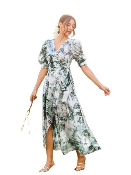 

graphic print surplice neck puff sleeve dress l56h#, Black;gray