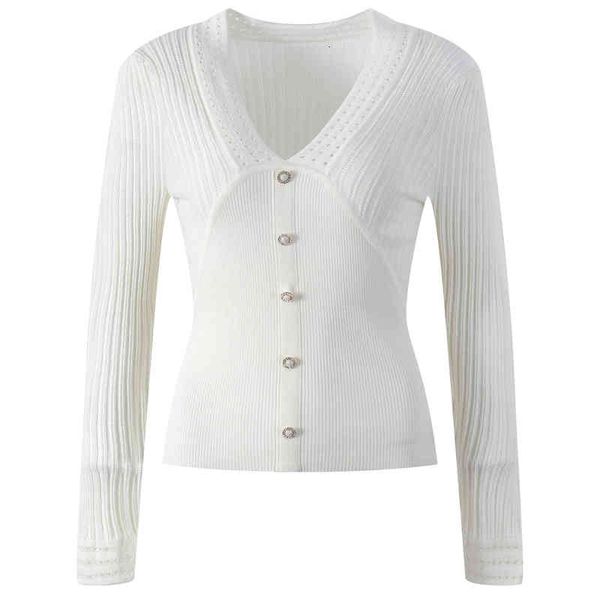 

women's knits tees autumn and winter v-neck sweater bottomed sweater pullover fashion korean women's pearl button hollowed out 7h6, White