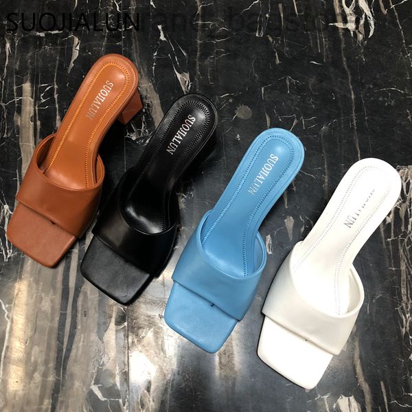 

suojialun 2021 new brand women slipper summer outdoor sandal square high heel slip on flip flop elegant women slides sandal w220808, Black