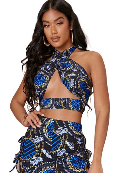 

chain print criss cross backless halter d4g9#, White