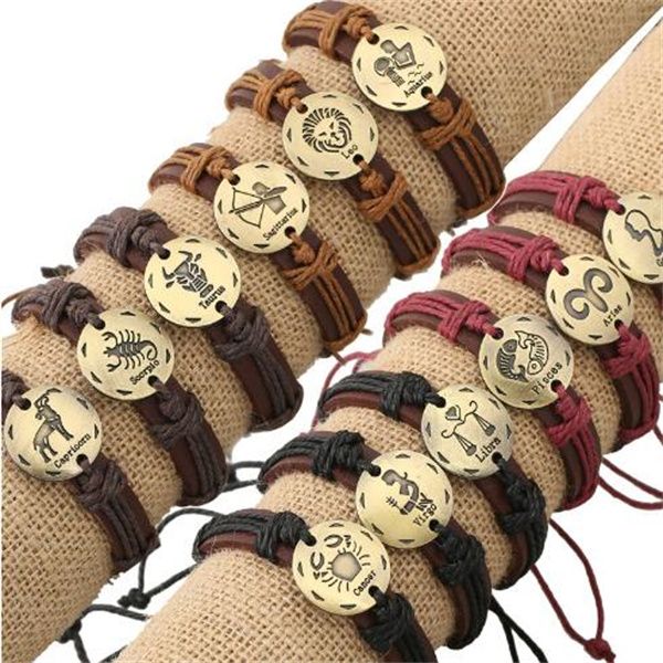 12 Sternzeichen Lederarmband Sternbilder Charm Armbänder Verstellbares Armband Armreif Manschette Schmuck Geschenke GC1217