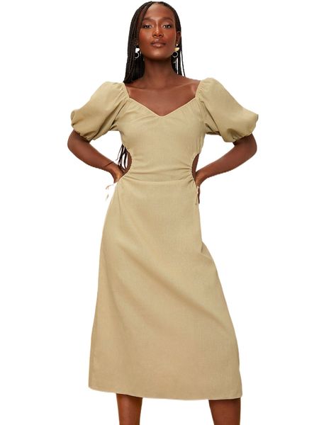 

newness puff sleeve zipper back dress v10l#, Black;gray