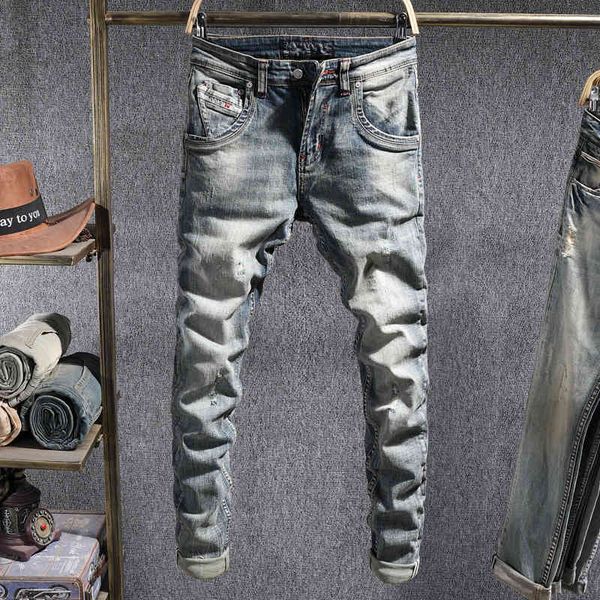 

men's jeans fashionable four season vintage washed jeans men's youth personality trend hole elastic slim fit pants 6c89, Blue
