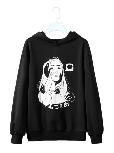 

x stayhella figure print drop shoulder sweatshirt p7so#, Black
