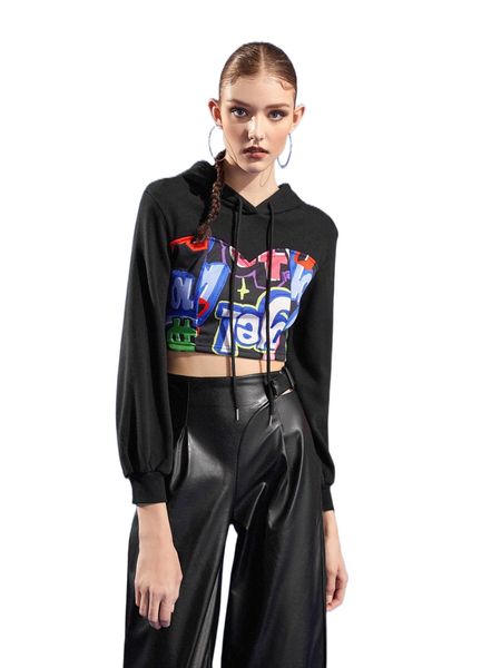 

x freak city cut out lace up back letter graphic crop hoodie r0oy#, Black