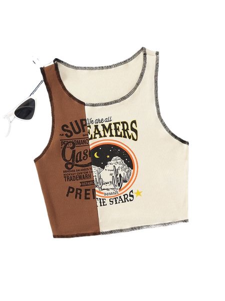 

letter & cactus print stitching tank g28k#, White