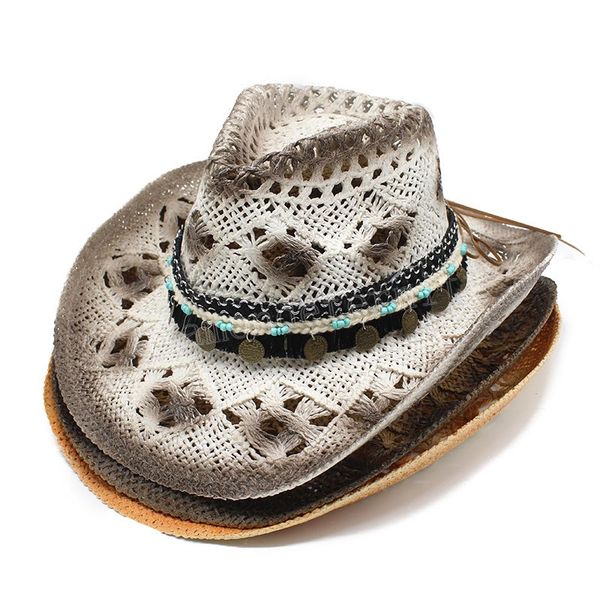 

men women sun straw hat new western cowboy cowgirl hat summer hollow out beach cap panama jazz hats sombrero hombre, Blue;gray