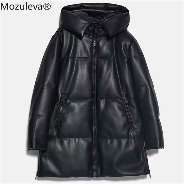 

winter coat women oversize faux leather hoodie parkas thick warm zipper long jacket female outwear loose overcoat 210416, Black