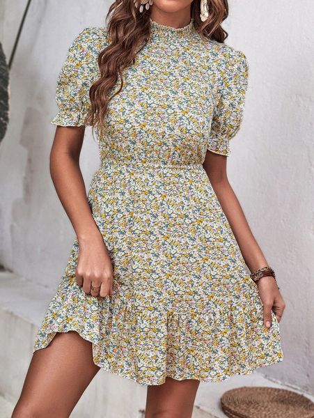 

ditsy floral print puff sleeve ruffle hem dress h5au#, Black;gray