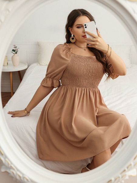 

plus shirred frill trim puff sleeve dress i6kx#, Black