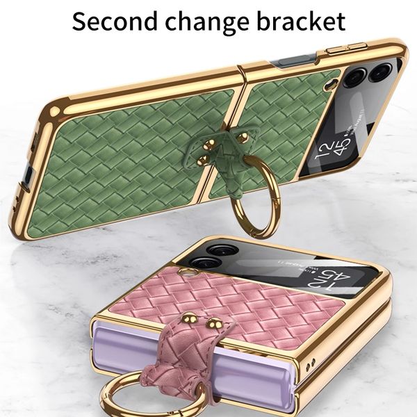 

luxury designer plain leather plating cases for samsung galaxy z flip 3 flip 4 flip4 flip3 5g phone cover ring holder stand protective film