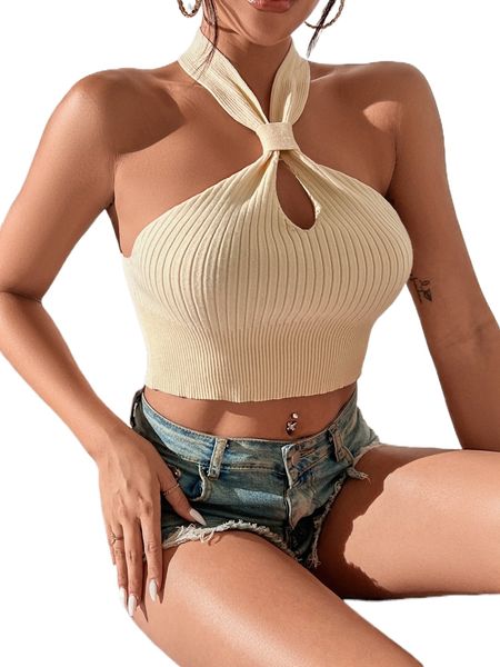 

rib-knit cut out halter crop knit 51la#, White;black