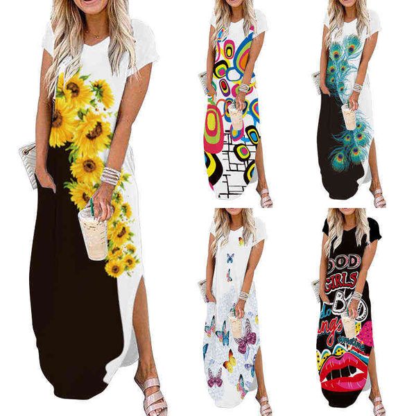 

luxury designer women's dresses 2022 summer v-neck short sleeve printed pocket hem split skirt dresses, Black;gray
