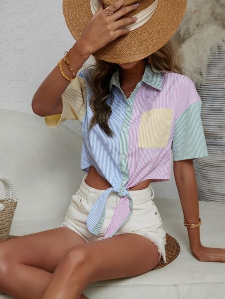

striped print colorblock pocket patched knot front blouse a7ex#, White