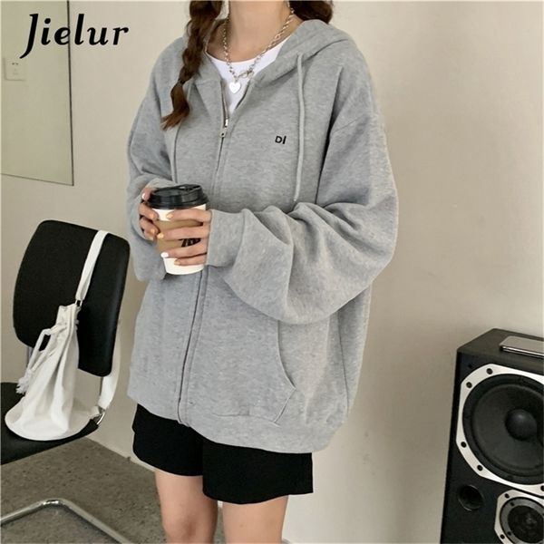 

jielur fleece embroidered letter loose lazy hoodies women zipper sportswear hoodies female pink sweatshirt pocket hooded clothes 220811, Black