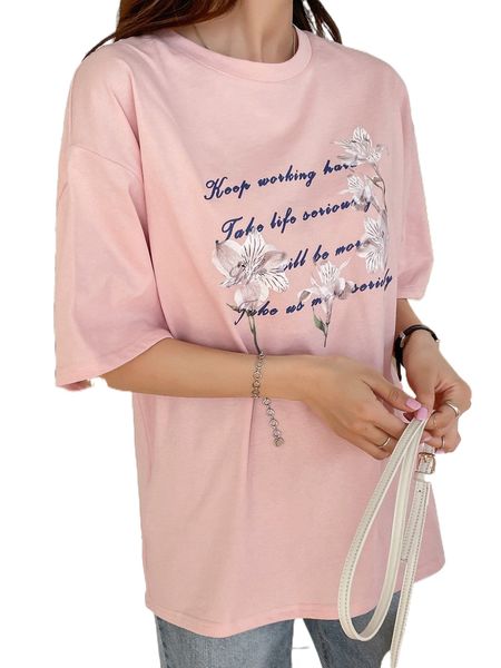

dazy slogan & floral print drop shoulder tee d8ge#, White