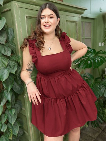 

plus ruffle armhole flounce hem dress g4pu#, Black