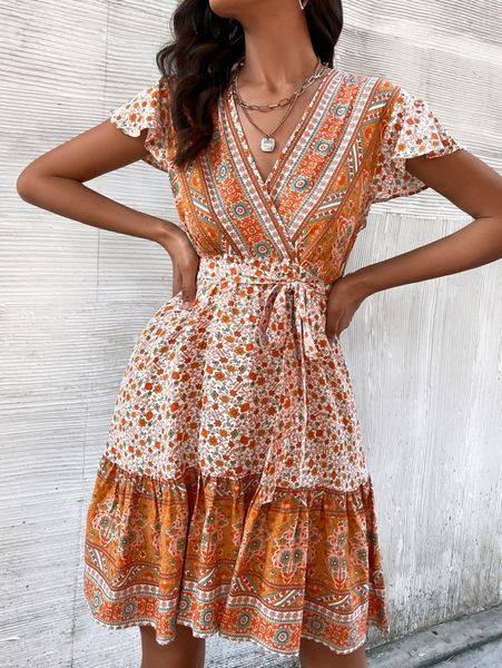 

floral print surplice neck ruffle armhole belted dress 74le#, Black;gray