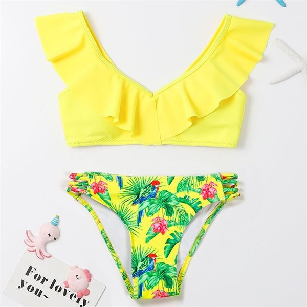 

tropical floral girl swimsuit kids ruffle bikini set 7-14 years two piece children's swimwear padded bathing suit beachwear 220426, Black